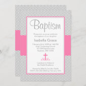 Graue Zickzack rosa Quermädchen-Taufe-Taufe Einladung (Vorne/Hinten)