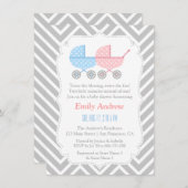 Graue Zickzack Strollers-Zwillings-Baby-Dusche Einladung (Vorne/Hinten)