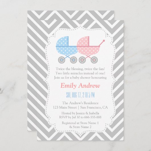 Graue Zickzack Strollers-Zwillings-Baby-Dusche Einladung (Vorne/Hinten)