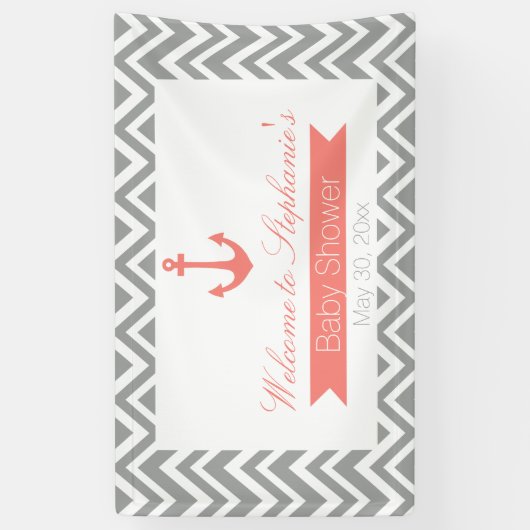 Graue Zickzack und korallrosa Kinderdusche Banner (Vertikal)