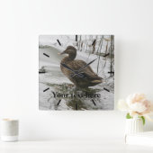 Grauente Ente auf dunklem See Quadratische Wanduhr (Zuhause)