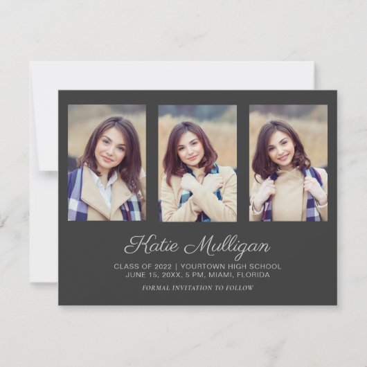 Grauer 4-Foto-Abschluss Rett Datum Ankündigung (Vorderseite)