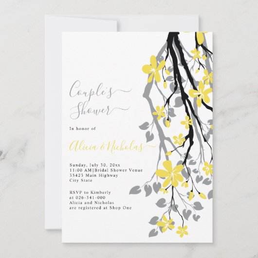 Grauer Ast mit gelben Blumen Paare Dusche Einladung (Vorderseite)