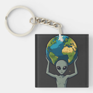 Grauer Außerirdischer hebt die Erde 🌍👽 Schlüsselanhänger