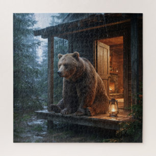 Grauer Bär sitzt auf der Veranda einer gemütlichen Puzzle