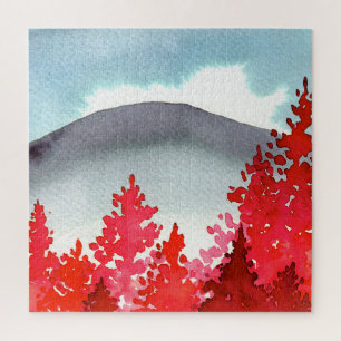 Grauer Berg mit roten Bäumen Wasserfarbenpuzzle Puzzle