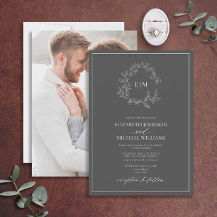 Grauer Blattmonogramm-Foto-Hochzeit Einladung