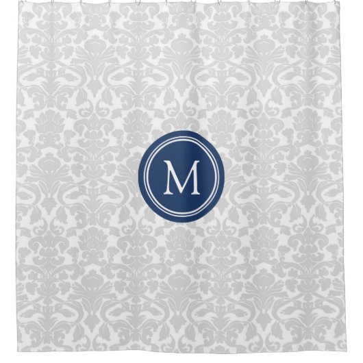 Grauer blauer Damast-Monogramm-Duschvorhang Duschvorhang (Vorderseite)