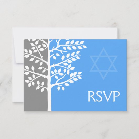 Grauer Blauer Tree des Lebens Bar Mitzvah UAWG RSVP Karte (Vorderseite)