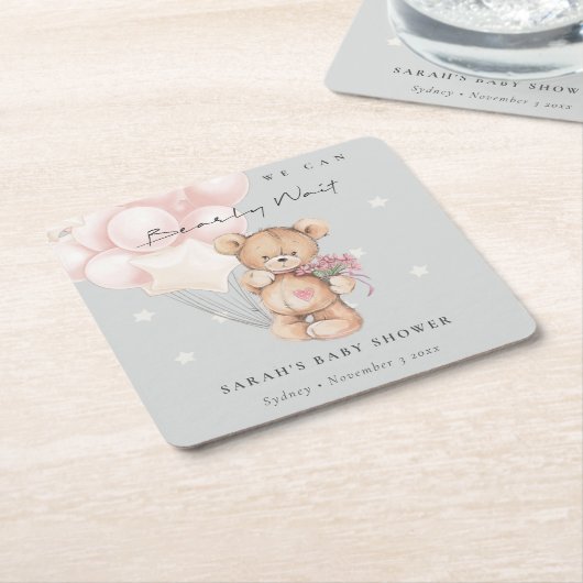 Grauer Blush Bearly Wait Bear Balloon Babydusche Rechteckiger Pappuntersetzer (angewinkelt)