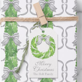 Grauer Bow Kranz und grünes Thema Geschenkanhänger