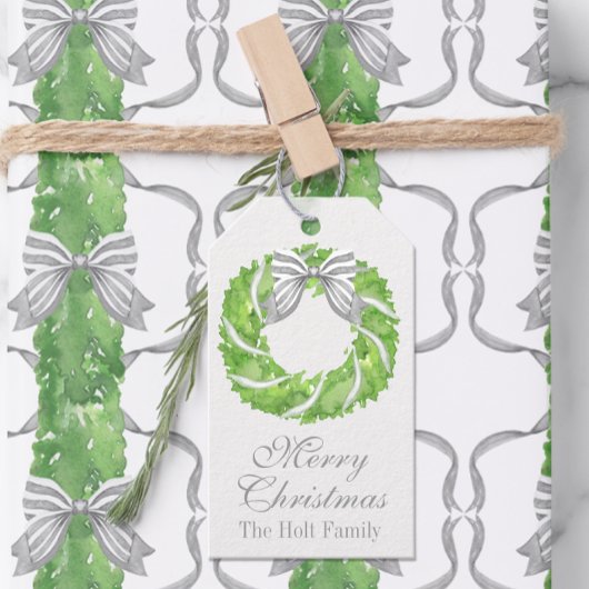 Grauer Bow Kranz und grünes Thema Geschenkanhänger