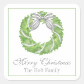 Grauer Bow Kranz und grünes Thema Quadratischer Aufkleber (Vorderseite)