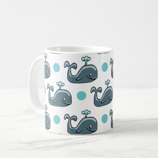 Grauer Cartoon Whale, Blue Polka Dots Kaffeetasse (Vorderseite Links)
