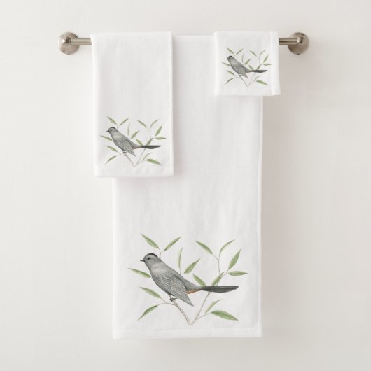 Grauer Catbird-Vogel-Kunst Badhandtuch Set (Insitu)