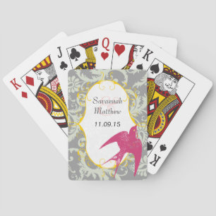 Grauer Damast Fuchsia Spatz Hochzeitsspielkarte Spielkarten