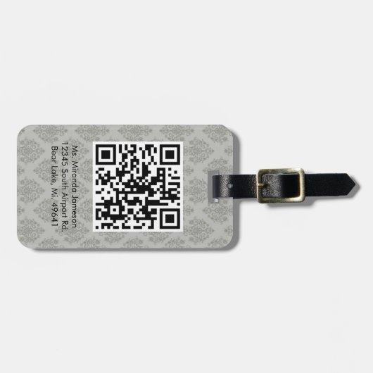 Grauer Damast QR CODE Gewohnheits-Gepäckanhänger Gepäckanhänger (Vorderseite horizontal)