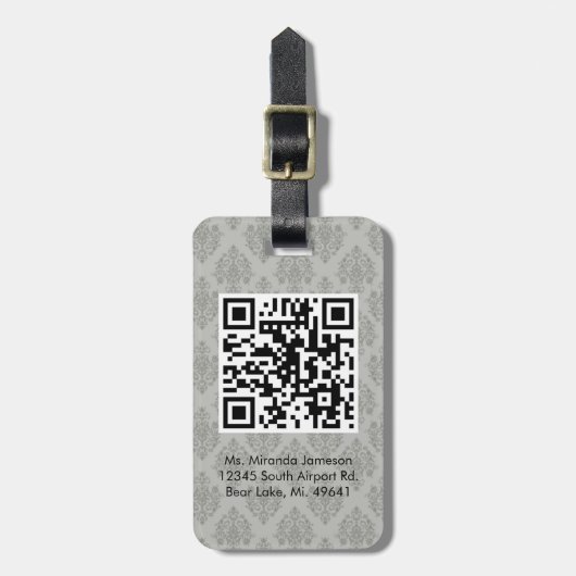 Grauer Damast QR CODE Gewohnheits-Gepäckanhänger Gepäckanhänger (Vorderseite vertikal)