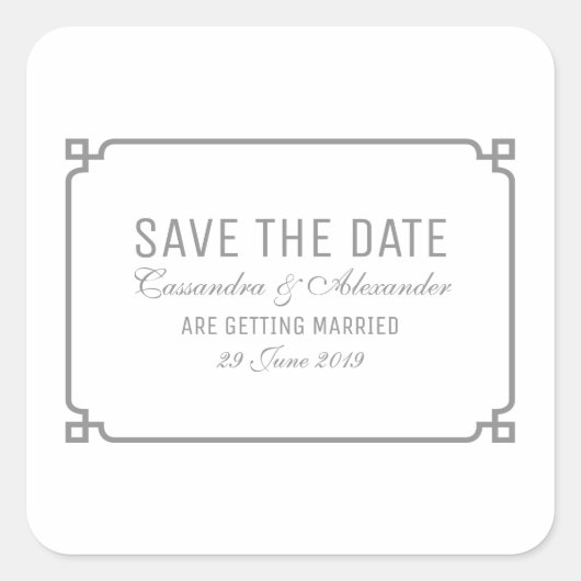 Grauer Deko Chic Save the Date Quadratischer Aufkleber (Vorderseite)
