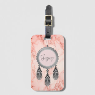 Grauer Dreamcatcher auf rosa Marmor Personalisiert Gepäckanhänger