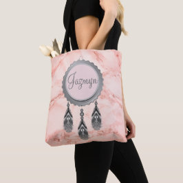 Grauer Dreamcatcher auf rosa Marmor Personalisiert Tasche