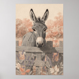 Grauer Esel am Lavendelgarten-Zaun Poster