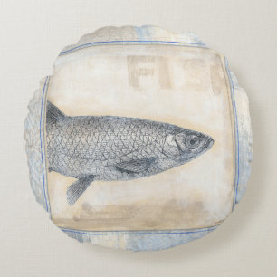 Grauer Fisch auf beigem Hintergrund Rundes Kissen