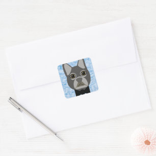 Grauer französischer Bulldog, Aquarellblau Quadratischer Aufkleber