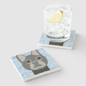 Grauer französischer Bulldog, Aquarellblau Steinuntersetzer (Seitenansicht)