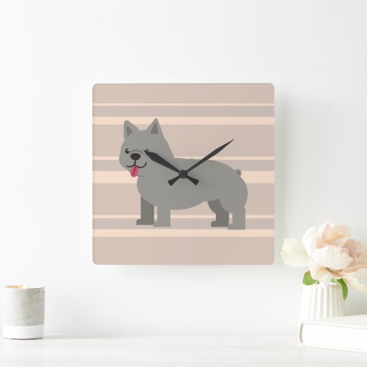 Grauer französischer Bulldog, beige gestreift Quadratische Wanduhr (Zuhause)