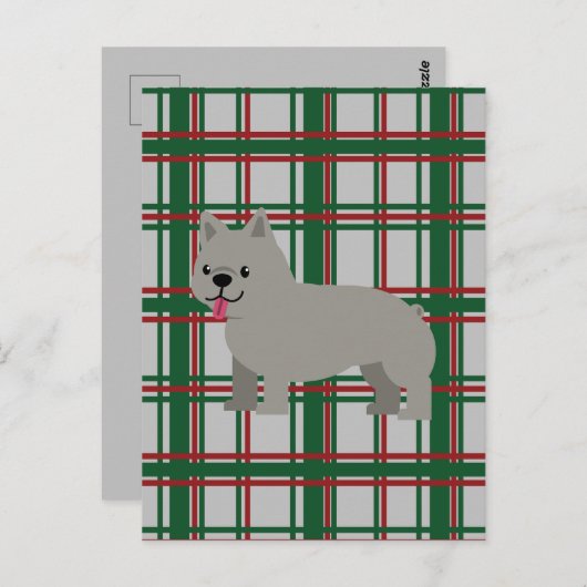 Grauer französischer Bulldog, Weihnachten Kariert Postkarte (Vorne/Hinten)
