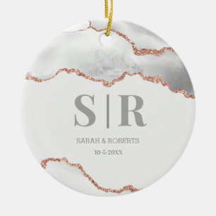 Grauer Geode-Achat-Paar-Initialen-Weihnachten Keramik Ornament