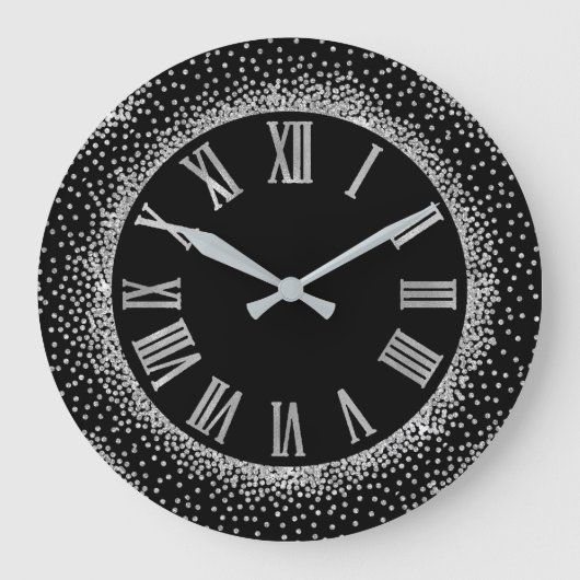 Grauer Glitzer Silver Roman Number Elegant Black Große Wanduhr (Vorderseite)