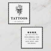 Grauer Gothic und floraler Skull Tattoo Artist Quadratische Visitenkarte (Vorne/Hinten)