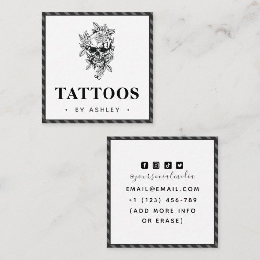 Grauer Gothic und floraler Skull Tattoo Artist Quadratische Visitenkarte (Vorne/Hinten)