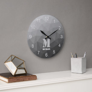 Grauer Gradient-Geometrischer-Netzmuster-Monogramm Große Wanduhr