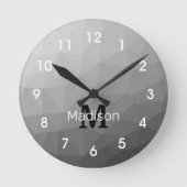 Grauer Gradient-Geometrischer-Netzmuster-Monogramm Runde Wanduhr (Vorderseite)