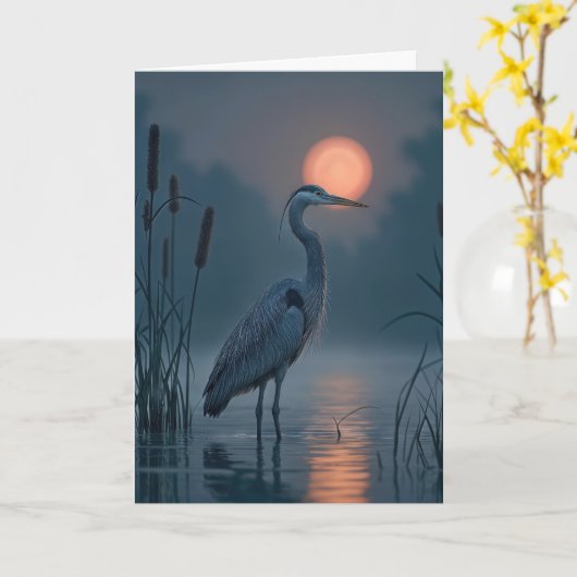 Grauer Heron mit rosa Mond Karte (Gelbe Blume)