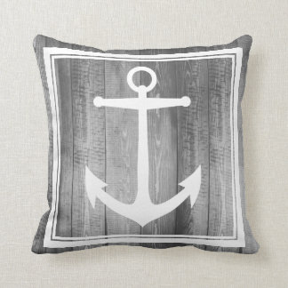 Grauer hölzerner weißer Anker-nautischfamilienname Kissen