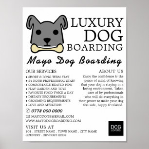 Grauer Hund mit Knochen, Hunde Boarding, Werbung Poster