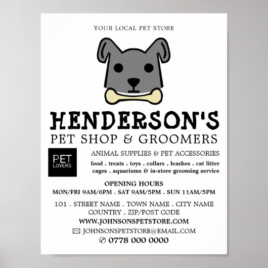 Grauer Hund mit Knochen, Pet Store & Groomer Poster (Vorne)