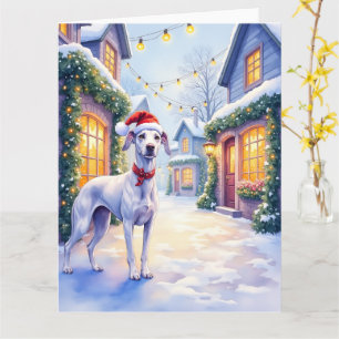 Grauer Hund Schnee Dorf Santa Hut Weihnachtskunst Karte