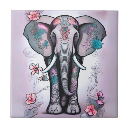 Grauer indischer Elefant mit Blume verziert Fliese (Vorderseite)