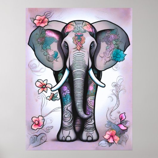 Grauer indischer Elefant mit Blume verziert Poster (Vorne)