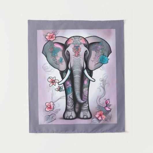 Grauer indischer Elefant mit Blume verziert Wandteppich (Vorderseite)