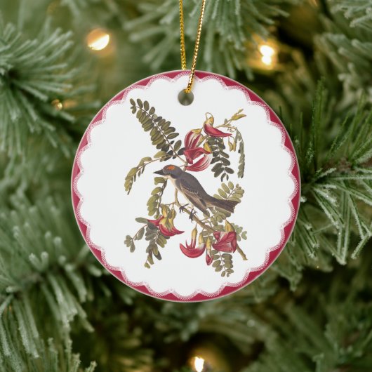 Grauer Kingbird in rosa blühender Hummingvogelbaum Keramik Ornament (Baum)