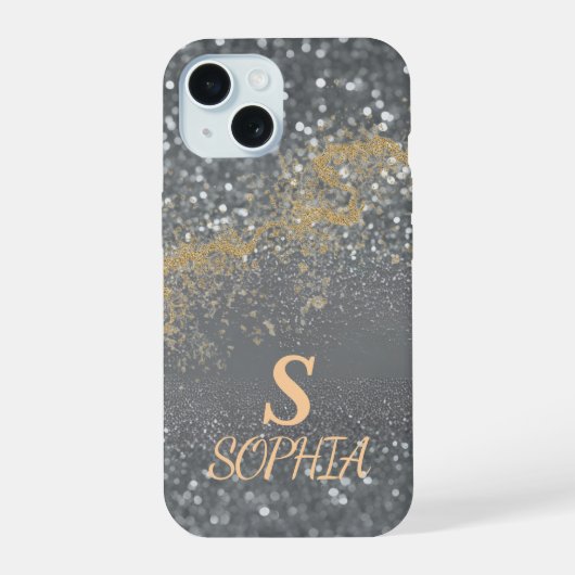 Grauer Marmor Chic Gold Glitter Monogramm iPhone 15 Hülle (Rückseite)