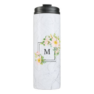 Grauer Marmor Rosa Wilde Rosen Monogramm Thermosbecher