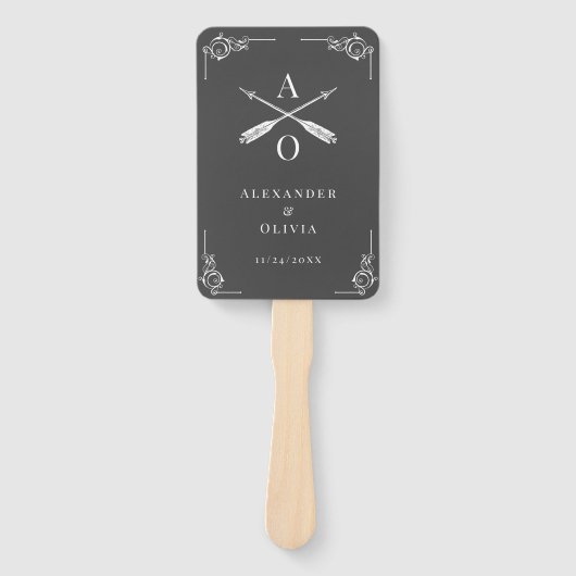 Grauer Monogramm- und Pfeile-Gastgeschenk Hochzeit Fächer (Vorderseite)