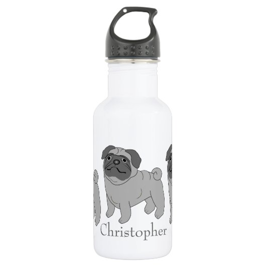 Grauer Mops Dog Design Personalisiert Edelstahlflasche (Vorderseite)